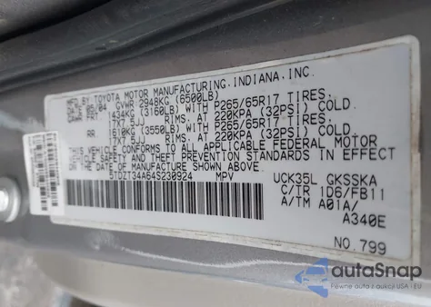 2004 Toyota Sequoia Sr5 V8 z USA, uszkodzony, nr VIN 5TDZT34A64S230924